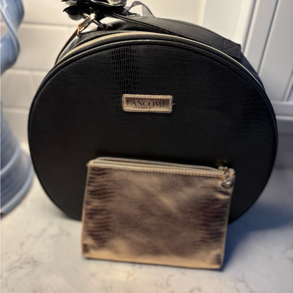 Lancome Black Round Bag with Gold Pouch